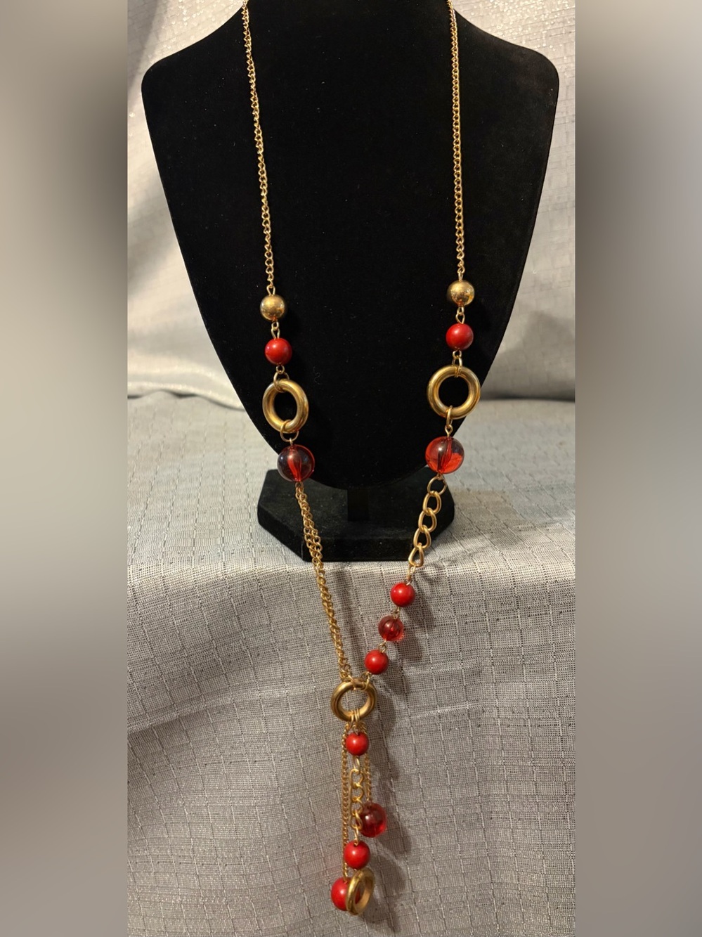 Gold-Tone Necklace with Red Beads